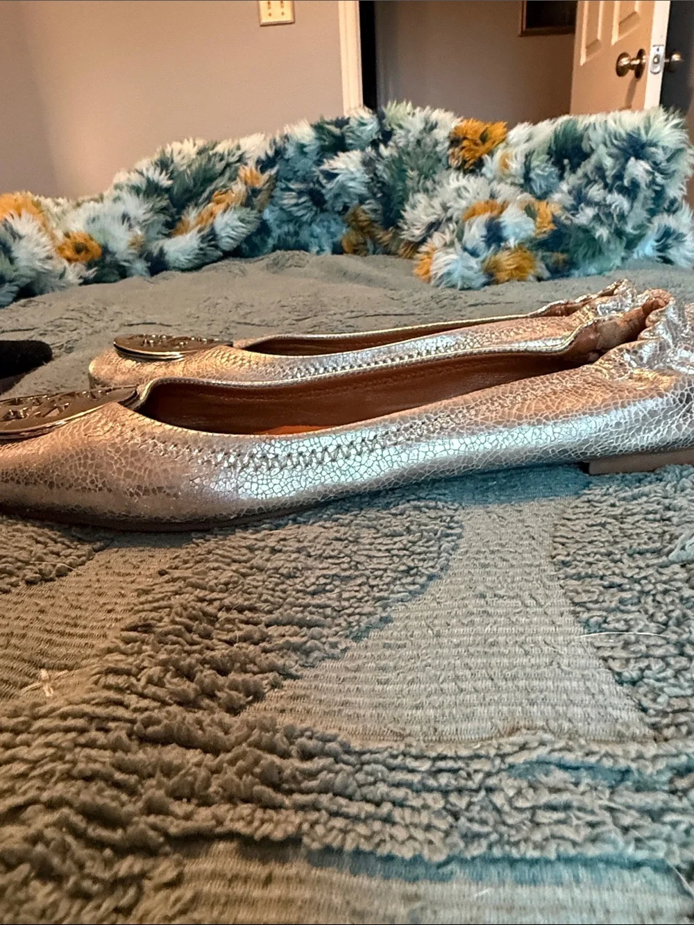 Tory Burch Metallic Silver Riva Logo Ballet Flats